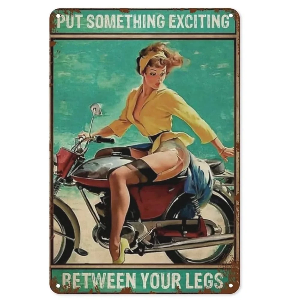 Sign Motorcycle Pinup Girl Put Something Exciting Funny Decor Metal Posters